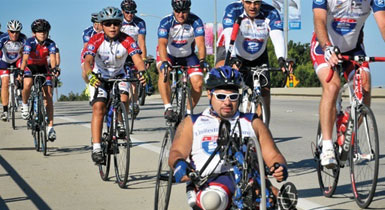 Veterans biking on street